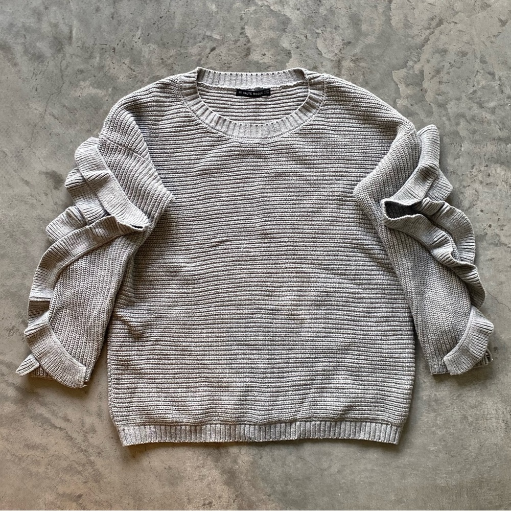Haute Rogue Gray Sweater with Ruffle Sleeves, Size Small